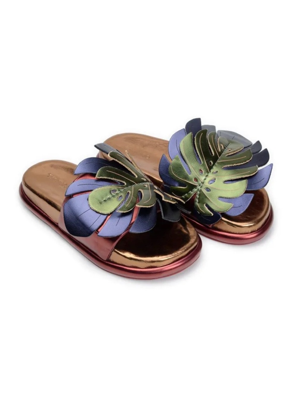 FARM RIO Bronze Blue Monstera Slide Sandals 🌿✨ Metallic Slides NIB